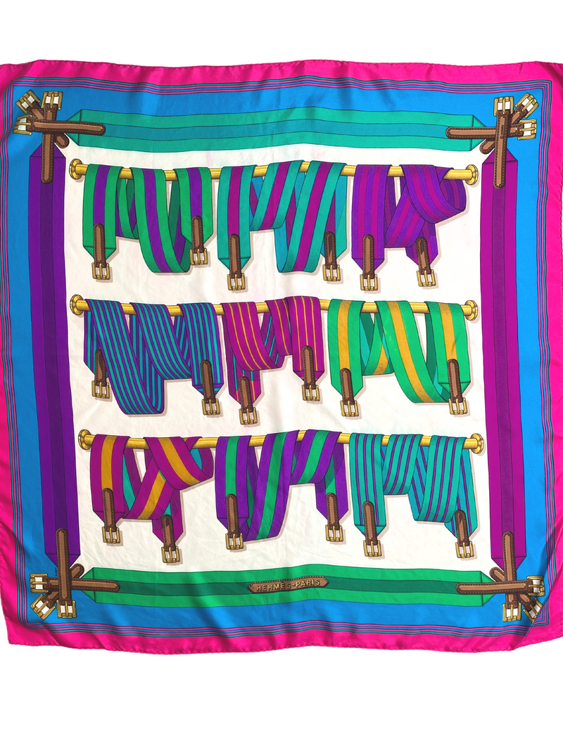 HERMES - J. METZ 'LES SANGLES' 100% SILK MULTICOLOUR SCARF - 87 X 87 CM