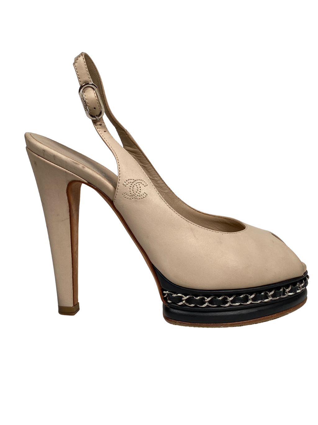 CHANEL - BEIGE LEATHER CHAIN PLATFORM SLINGBACK PUMPS - SZ 36C