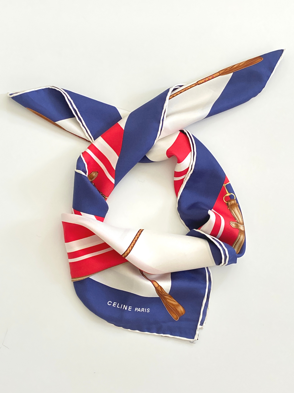 CELINE - 100% SILK EQUESTRIAN SCARF IN BLUE RED WHITE