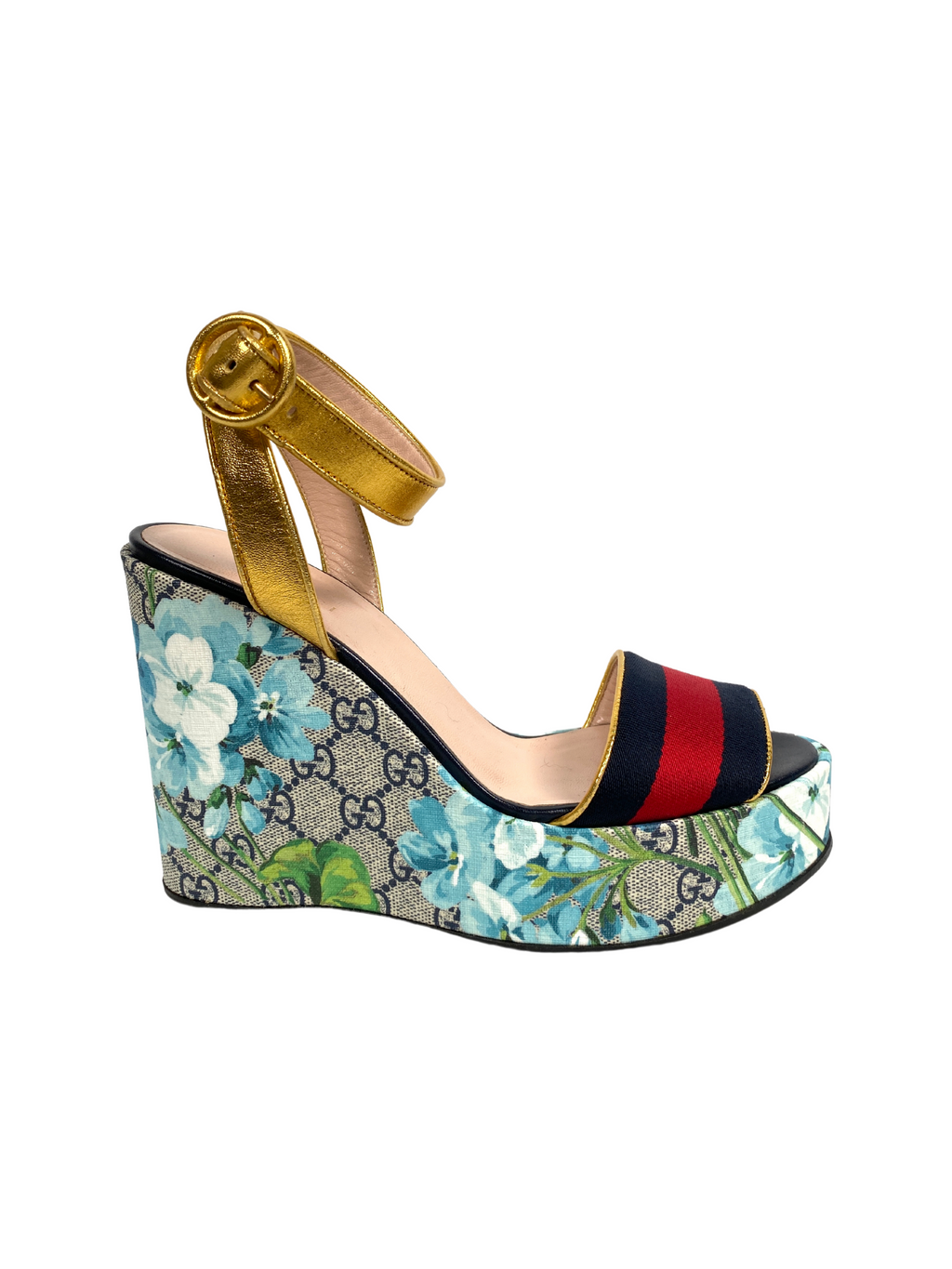 GUCCI - GG BLOOMS WEB WEDGE SANDALS - SZ 38.5