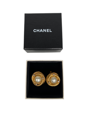 CHANEL - FAUX PEARL AND RHINESTONE CLIP ON EARRINGS - VINTAGE