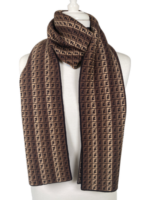 FENDI FF LOGO BEIGE BROWN BLACK 100 WOOL SCARF 25 X 173 cm
