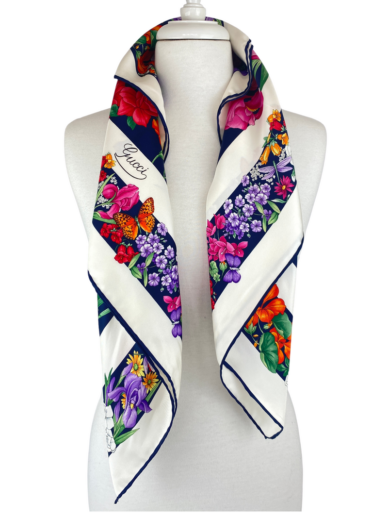 GUCCI - 100% SILK FOULARD MULTICOLOUR FLORAL SCARF