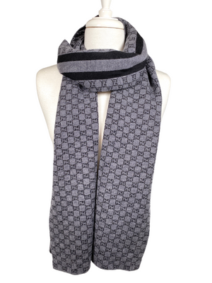 GUCCI - BLACK GREY GG MONOGRAM WEB STRIPE WOOL SCARF