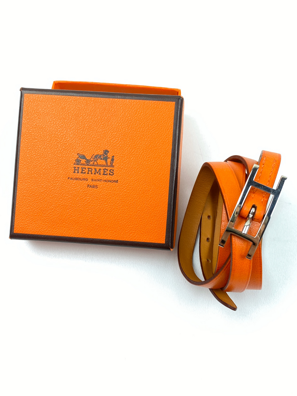 HERMÈS - HAPI 3 BRACELET IN ORANGE SWIFT LEATHER PALLADIUM PLATED