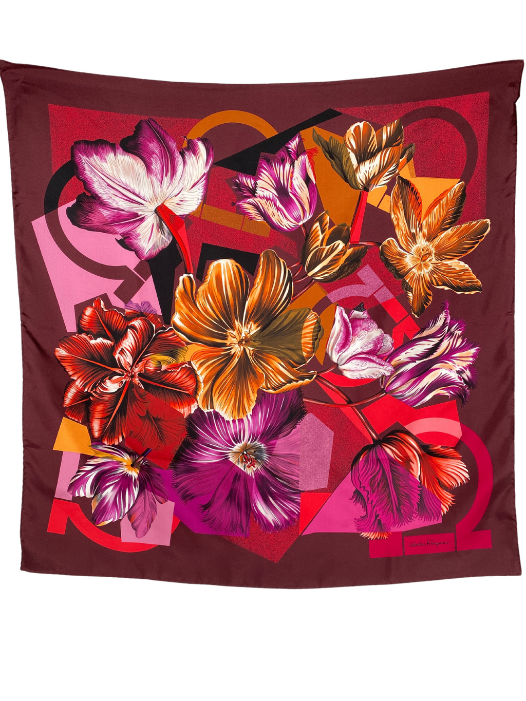 SALVATORE FERRAGAMO - GANCINI & FLOWERS PRINT 100% SILK SQUARE SCARF - NEW IN BOX