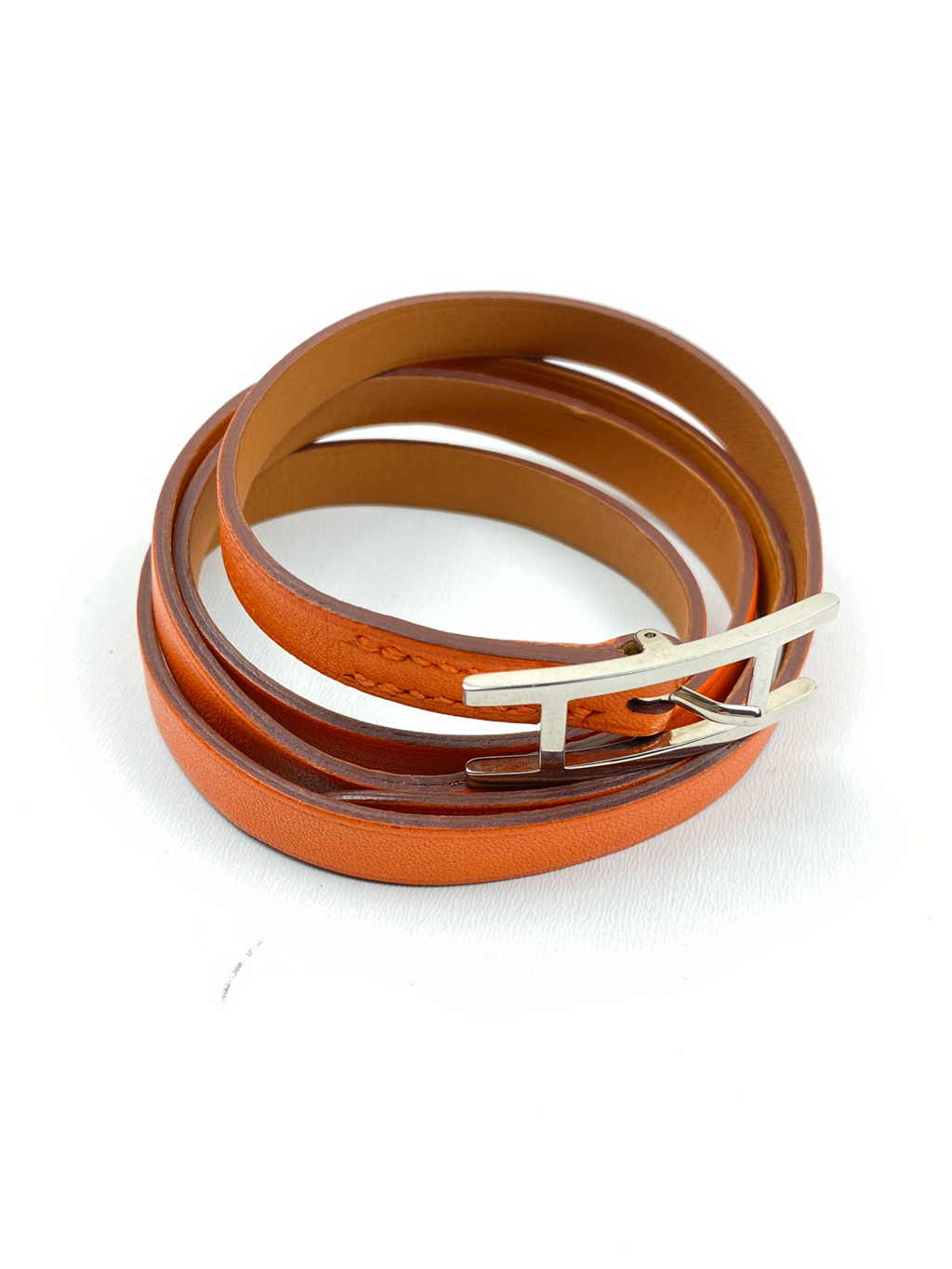 HERMÈS - HAPI 3 BRACELET IN ORANGE SWIFT LEATHER PALLADIUM PLATED