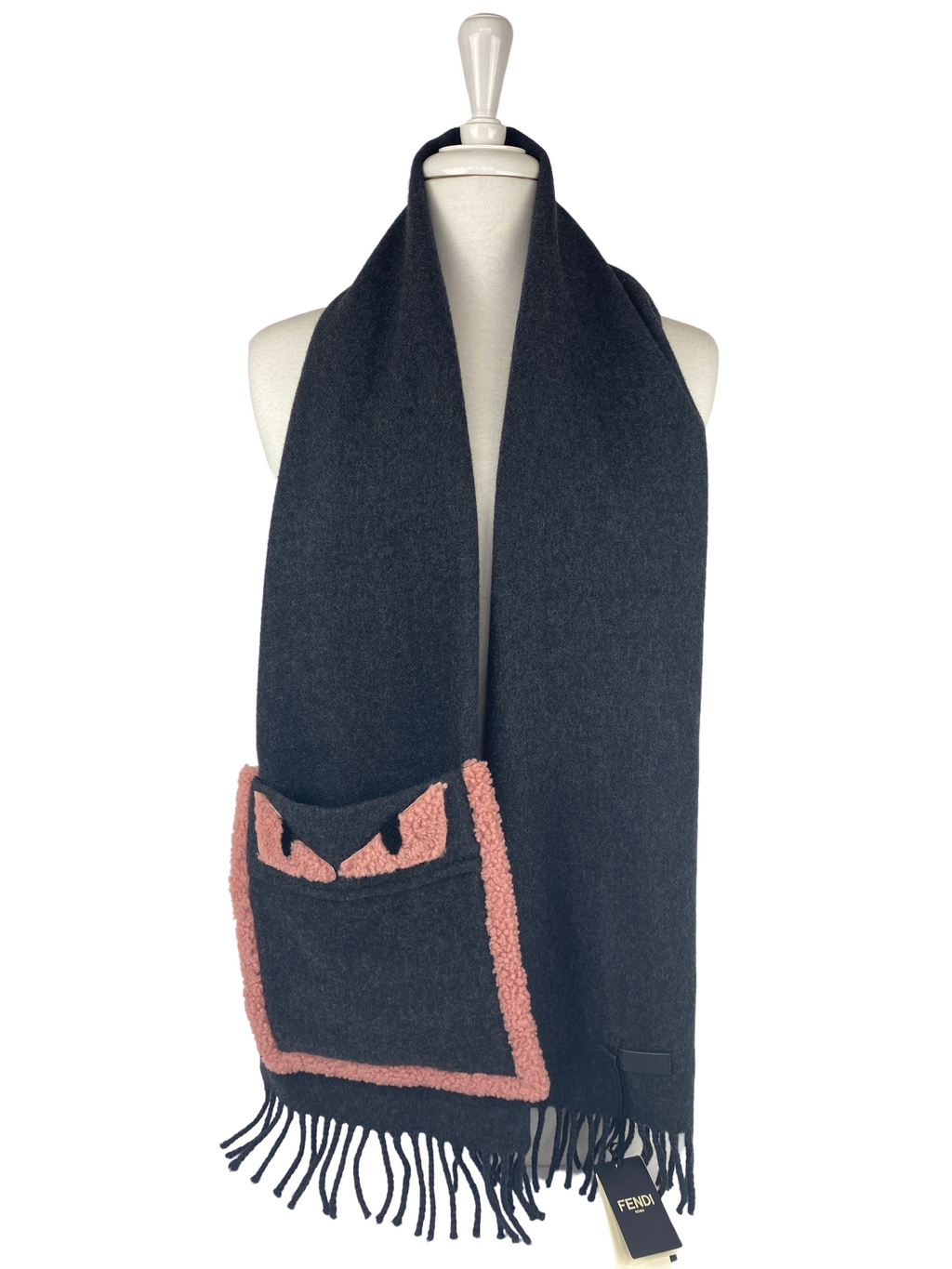 FENDI - CHARCOAL AND PINK SCARF WITH MONSTER POCKET DETAIL