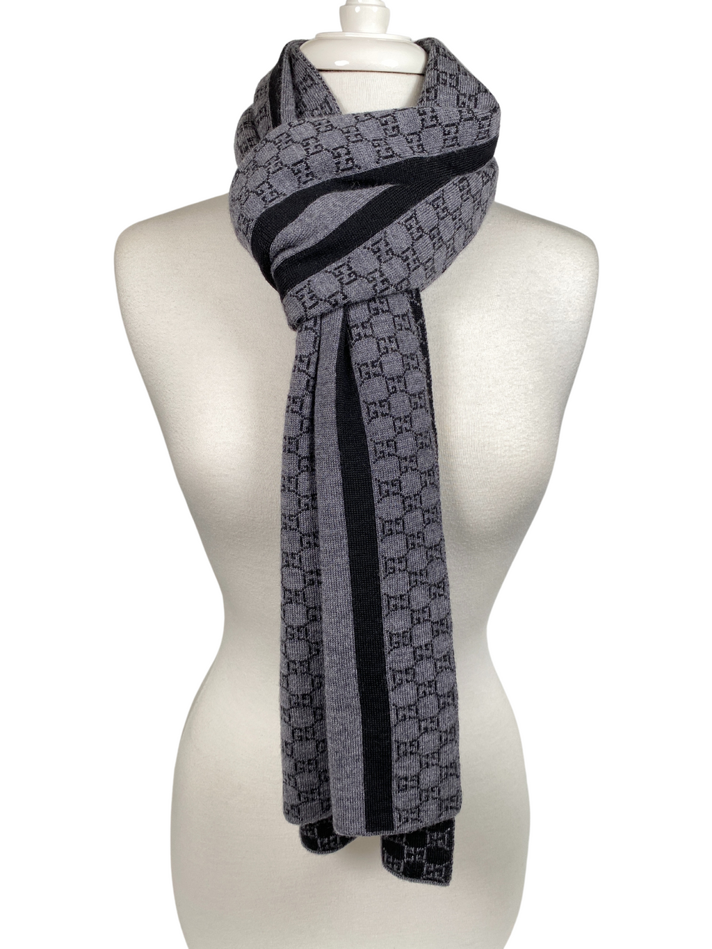 GUCCI - BLACK GREY GG MONOGRAM WEB STRIPE WOOL SCARF