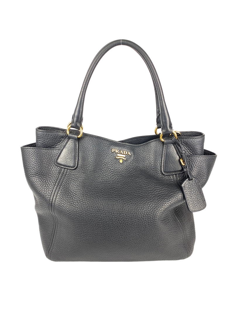 PRADA - BLACK VITELLO DAINO LEATHER SIDE-POCKET TOTE BAG