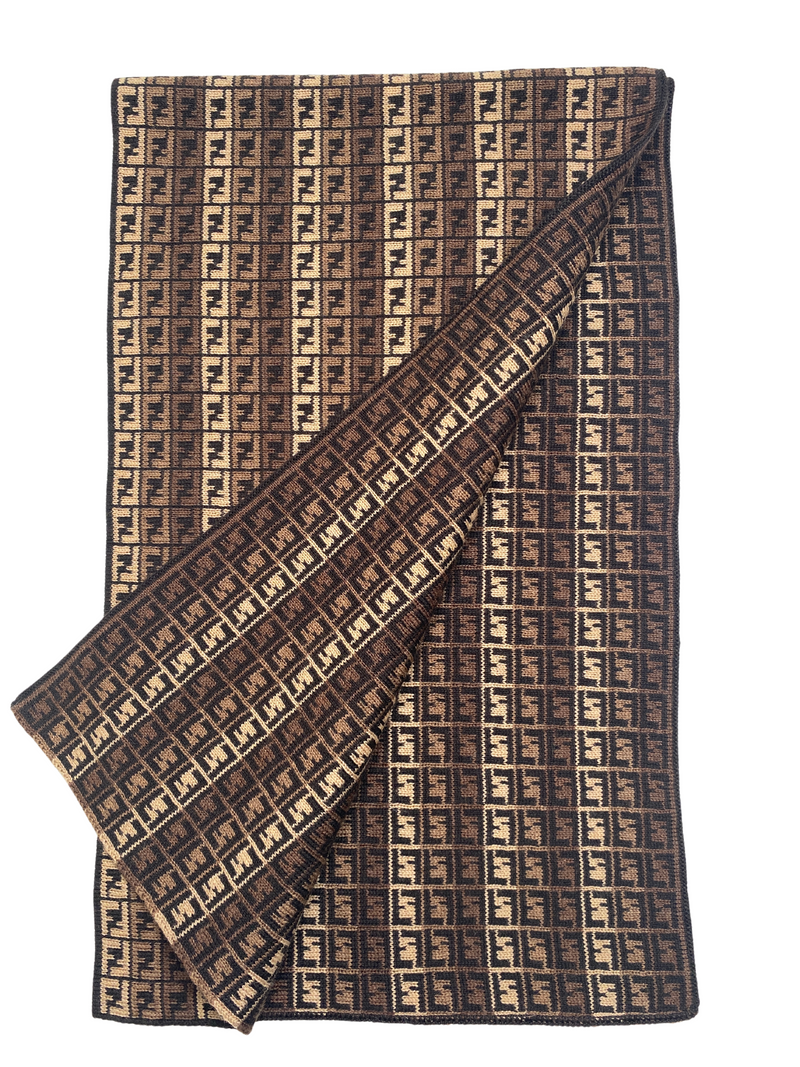 FENDI - FF LOGO BEIGE, BROWN & BLACK 100% WOOL SCARF - 25 X 173 cm