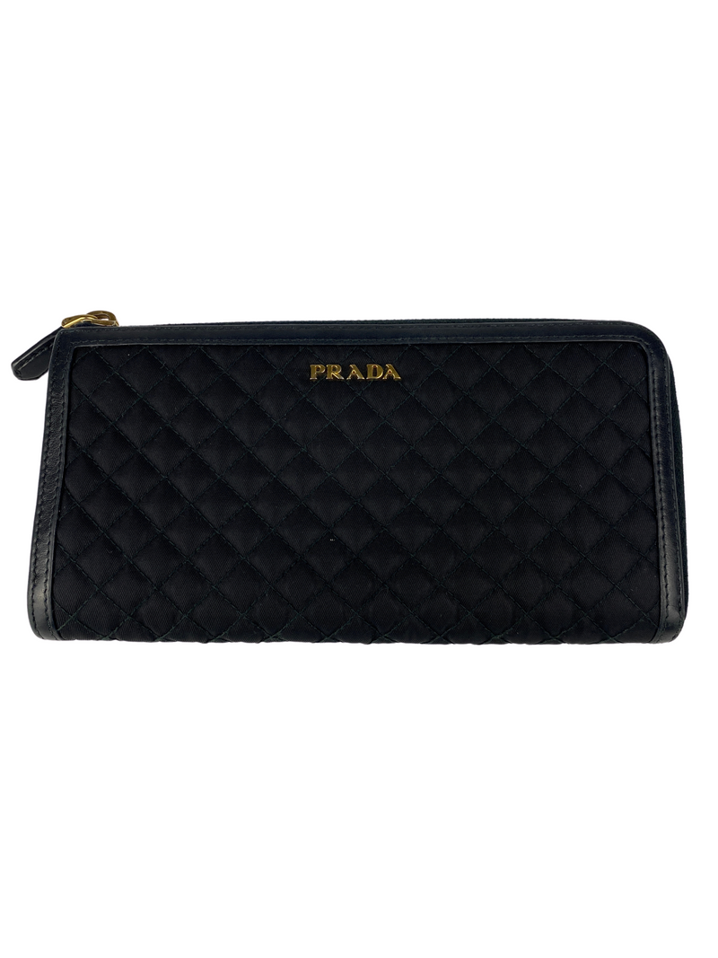 PRADA - QUILTED DIAMOND STITCH ZIPPY BLACK LEATHER & NYLON WALLET