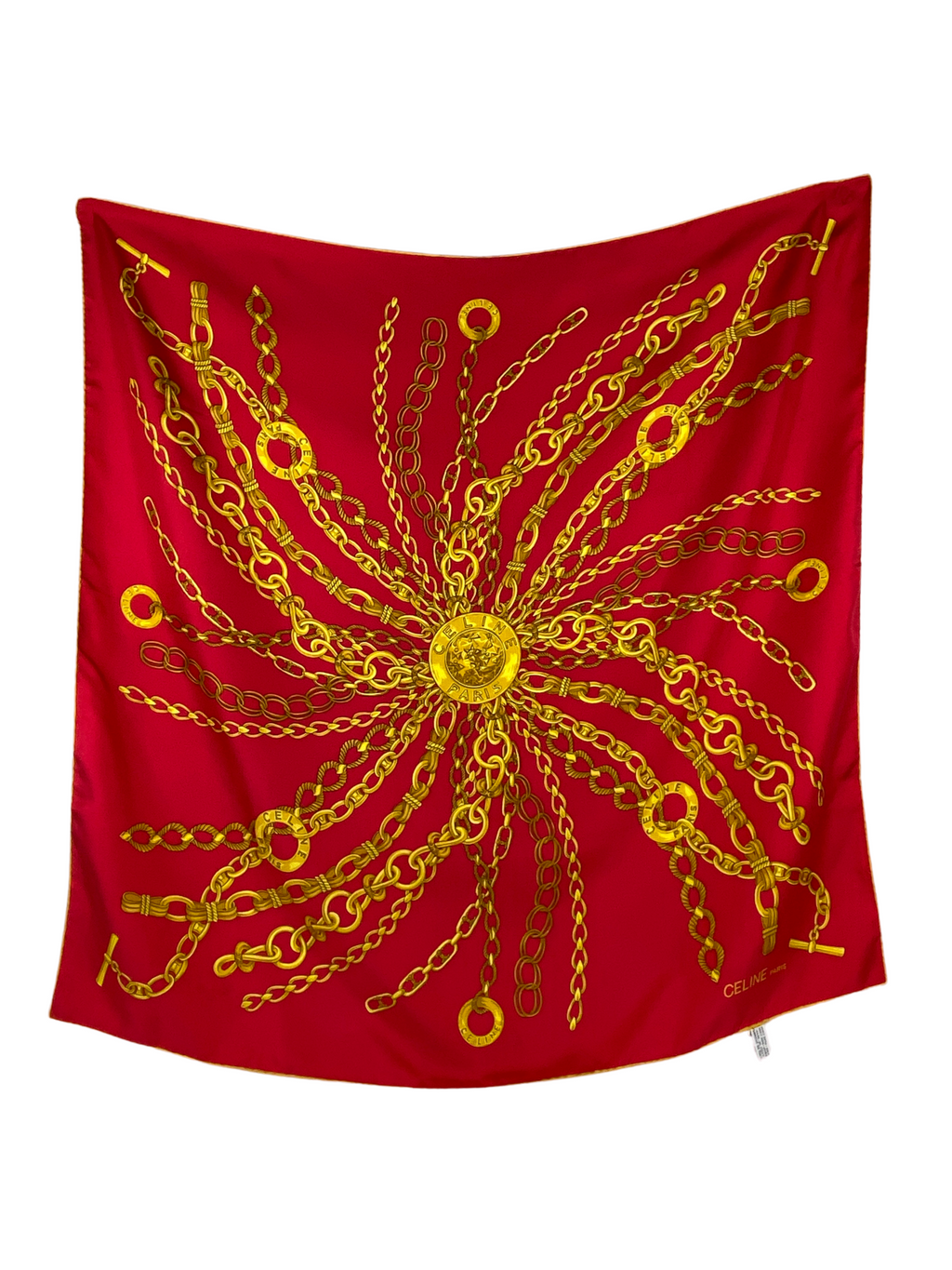 CELINE - 100% SILK CHAIN COIN DESIGN SCARF IN GOLD & RED