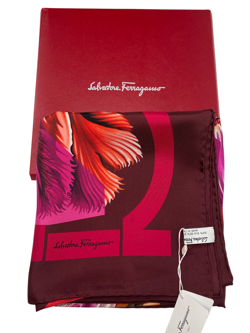 SALVATORE FERRAGAMO - GANCINI & FLOWERS PRINT 100% SILK SQUARE SCARF - NEW IN BOX