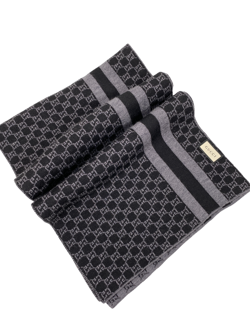 GUCCI - BLACK GREY GG MONOGRAM WEB STRIPE WOOL SCARF