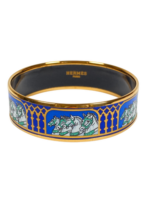 HERMES - WIDE BLUE ENAMEL BRACELET BLUE HORSE PRINT VINTAGE