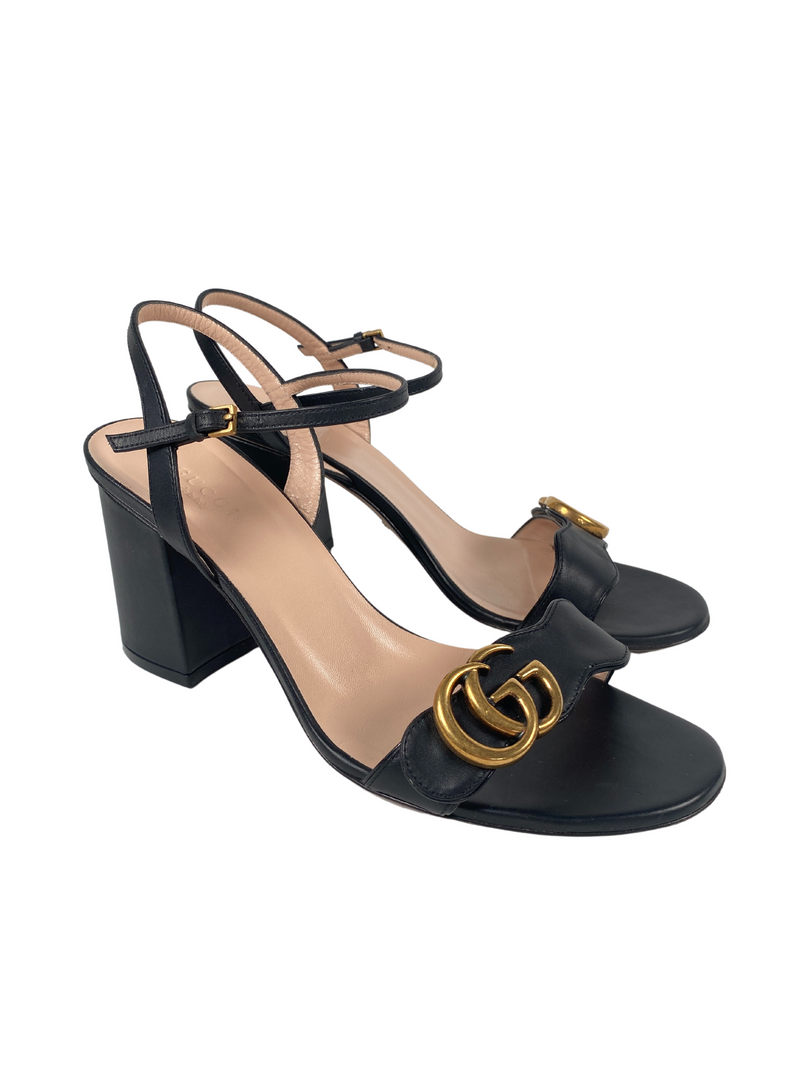 GUCCI - GG MARMONT BLACK LEATHER MID HEEL SANDALS - SZ EUR 38.5