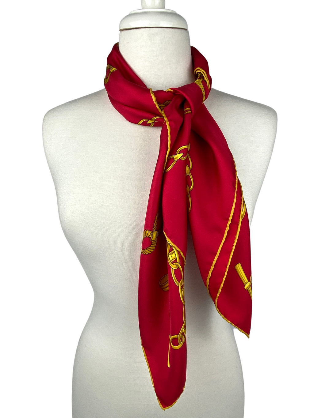 CELINE - 100% SILK CHAIN COIN DESIGN SCARF IN GOLD & RED