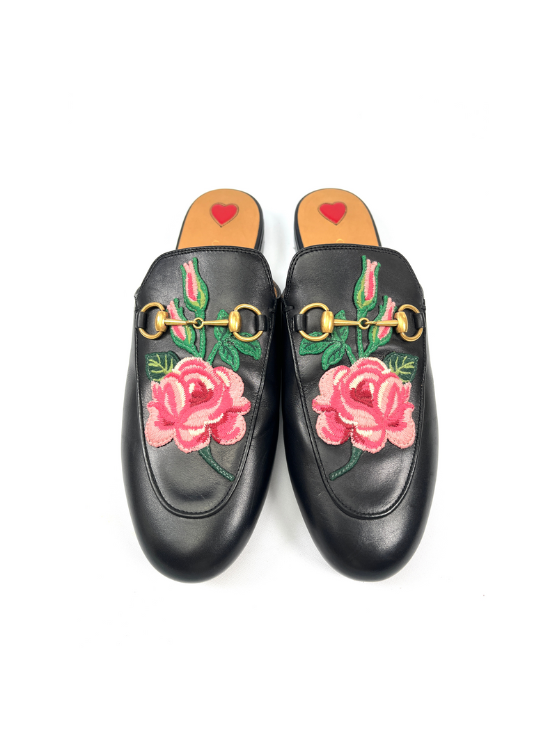 GUCCI BLACK FLORAL EMBROIDERED LEATHER PRINCETOWN MULES SZ 38 RE.LUXE AU