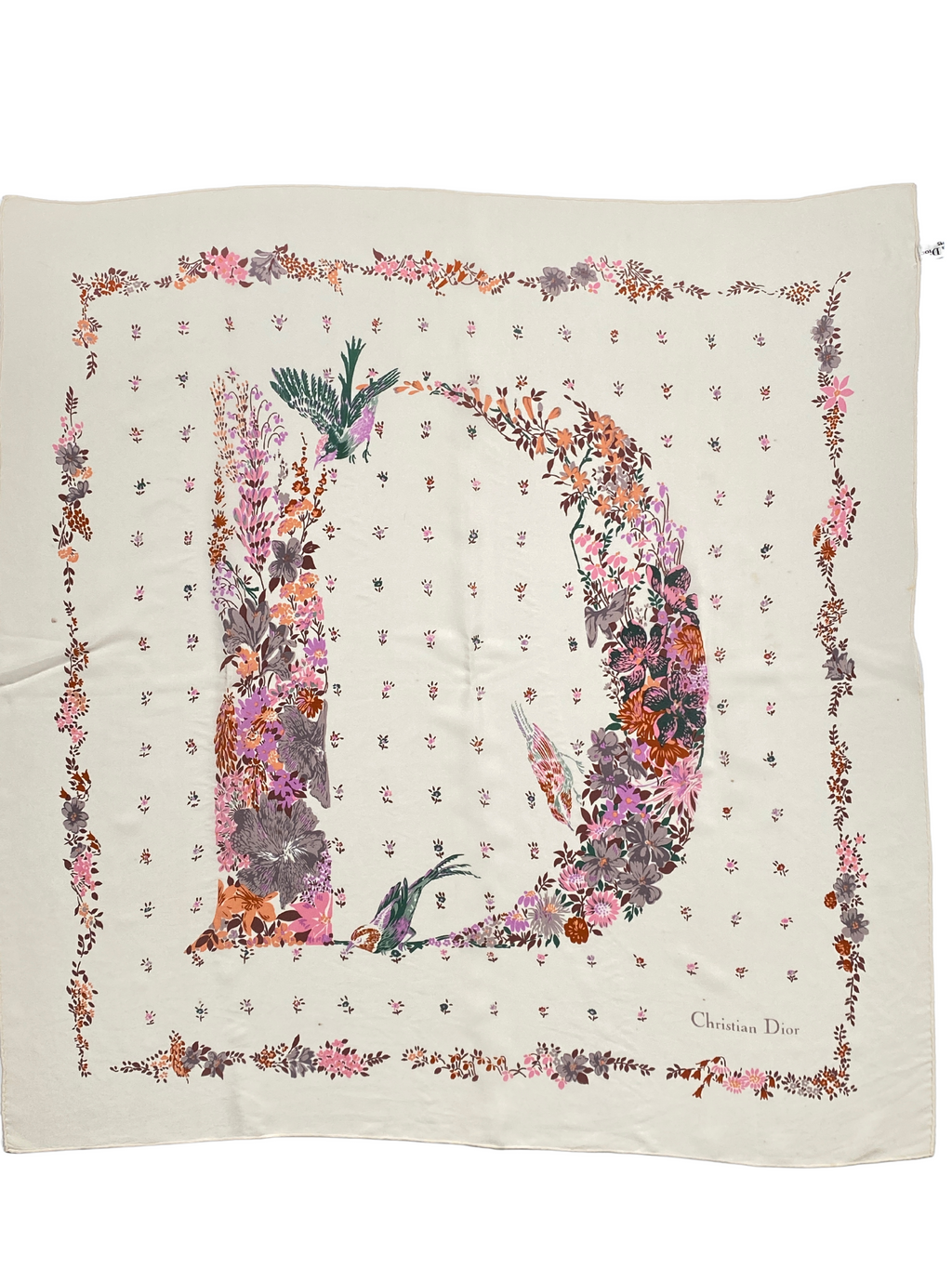 CHRISTIAN DIOR - FLORAL PRINT D VINTAGE SILK SCARF - 80 x 80 cm