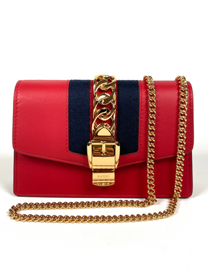 GUCCI - MINI SYLVIE LEATHER CHAIN BAG IN RED