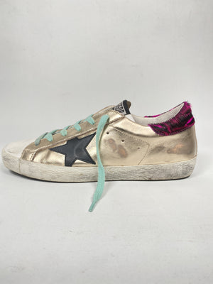 GOLDEN GOOSE - GOLD SUPERSTAR WITH ZEBRA PRINT HEEL TAB - SIZE 39