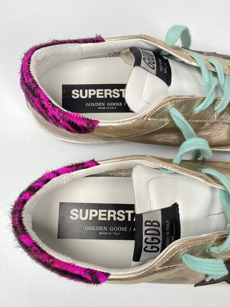 GOLDEN GOOSE - GOLD SUPERSTAR WITH ZEBRA PRINT HEEL TAB - SIZE 39