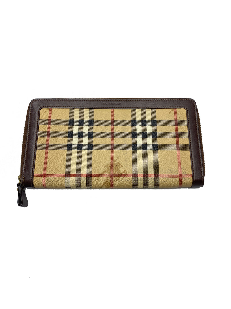 BURBERRY - HAYMARKET CHECK LARGE TRAVEL ZIP AROUND WALLET CHOCOLATE