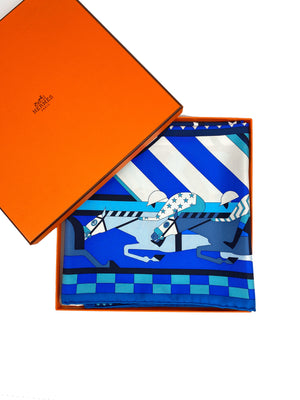 HERMÉS - STEEPLE CHASE SILK SCARF IN BLUE - 90 CM