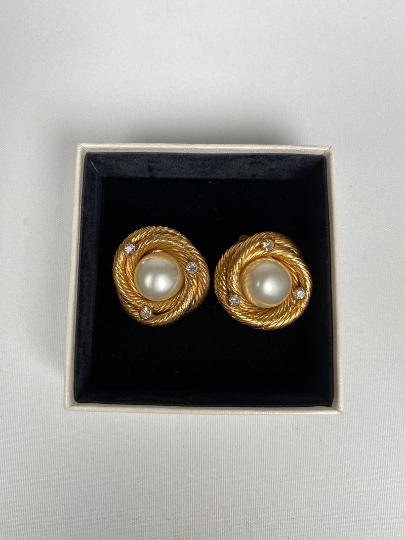 CHANEL - FAUX PEARL AND RHINESTONE CLIP ON EARRINGS - VINTAGE