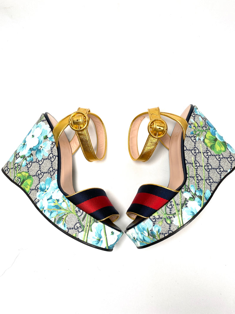 GUCCI - GG BLOOMS WEB WEDGE SANDALS - SZ 38.5