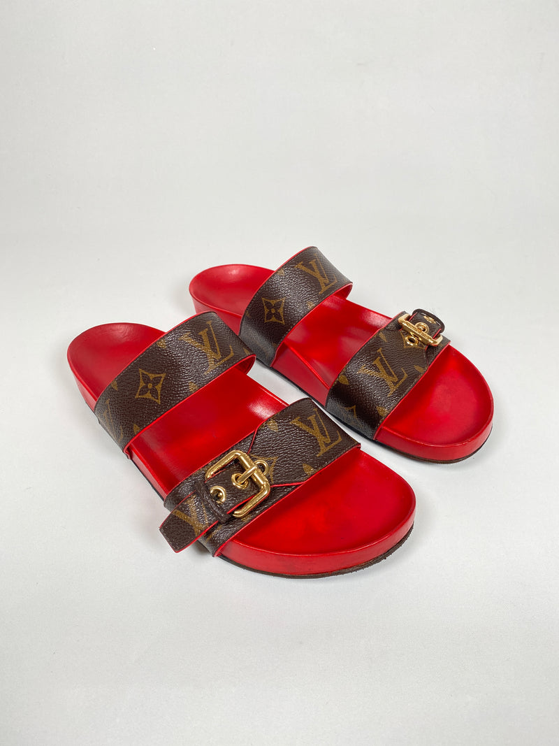 LOUIS VUITTON - BOM DIA MULES MONOGRAM & RED - SZ 38