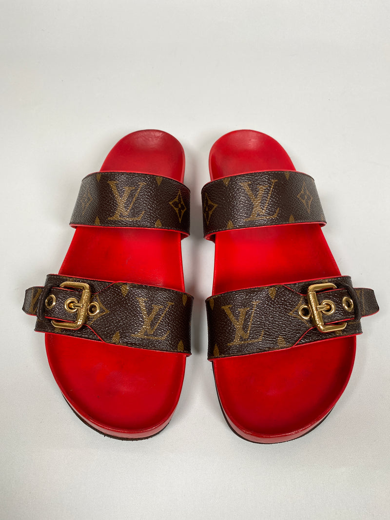 LOUIS VUITTON - BOM DIA MULES MONOGRAM & RED - SZ 38