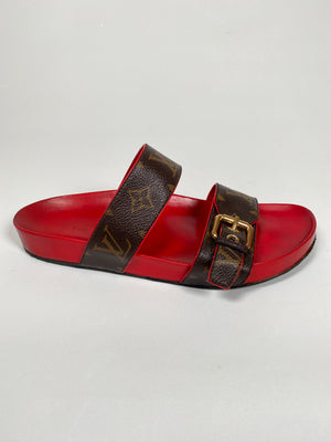 LOUIS VUITTON - BOM DIA MULES MONOGRAM & RED - SZ 38