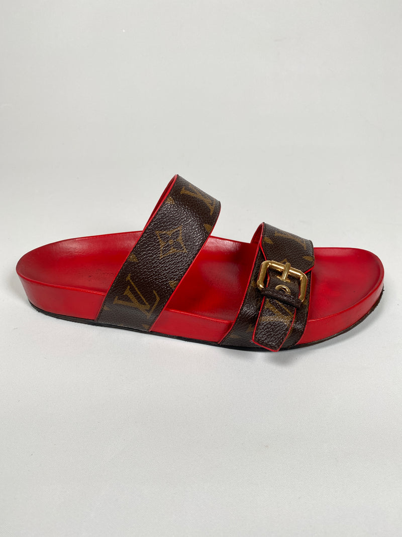 LOUIS VUITTON - BOM DIA MULES MONOGRAM & RED - SZ 38