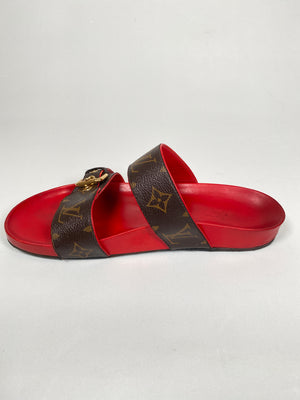 LOUIS VUITTON - BOM DIA MULES MONOGRAM & RED - SZ 38