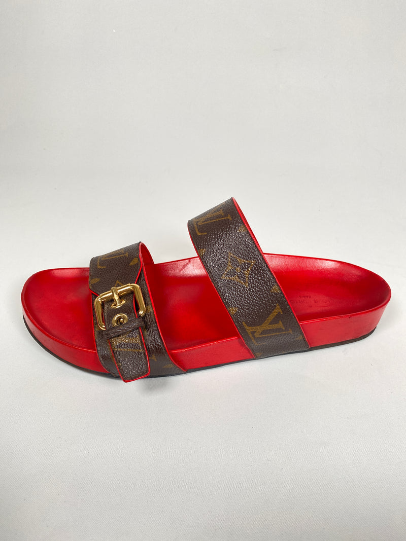 LOUIS VUITTON - BOM DIA MULES MONOGRAM & RED - SZ 38