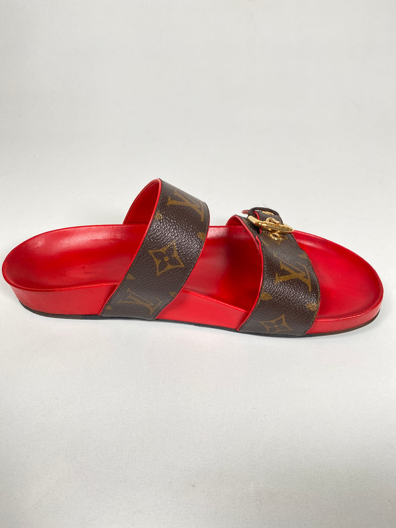 LOUIS VUITTON - BOM DIA MULES MONOGRAM & RED - SZ 38