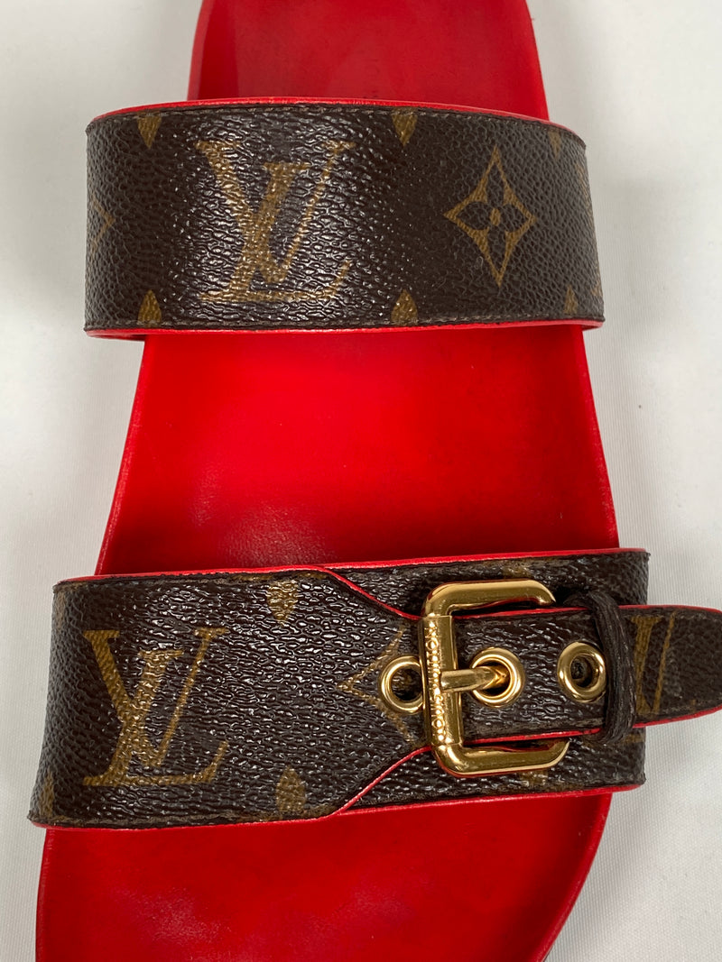 LOUIS VUITTON - BOM DIA MULES MONOGRAM & RED - SZ 38