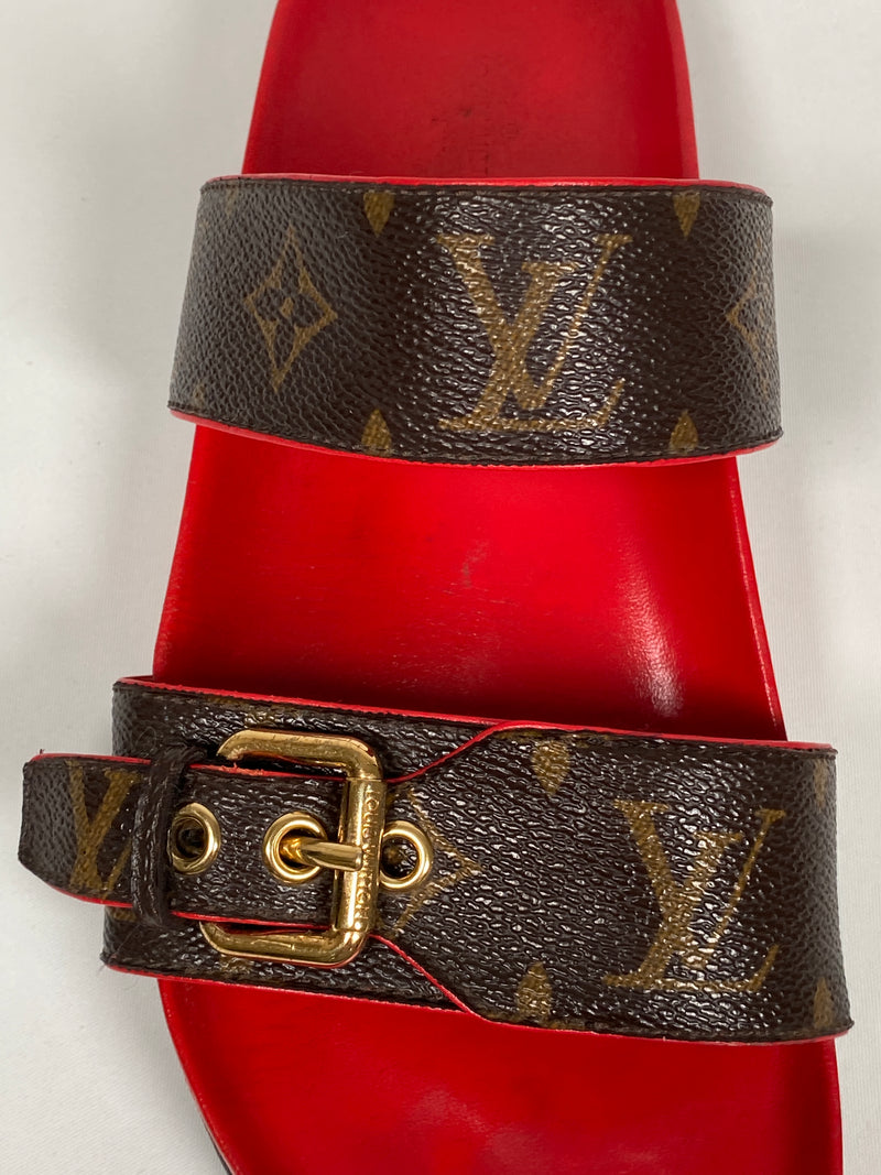 LOUIS VUITTON - BOM DIA MULES MONOGRAM & RED - SZ 38