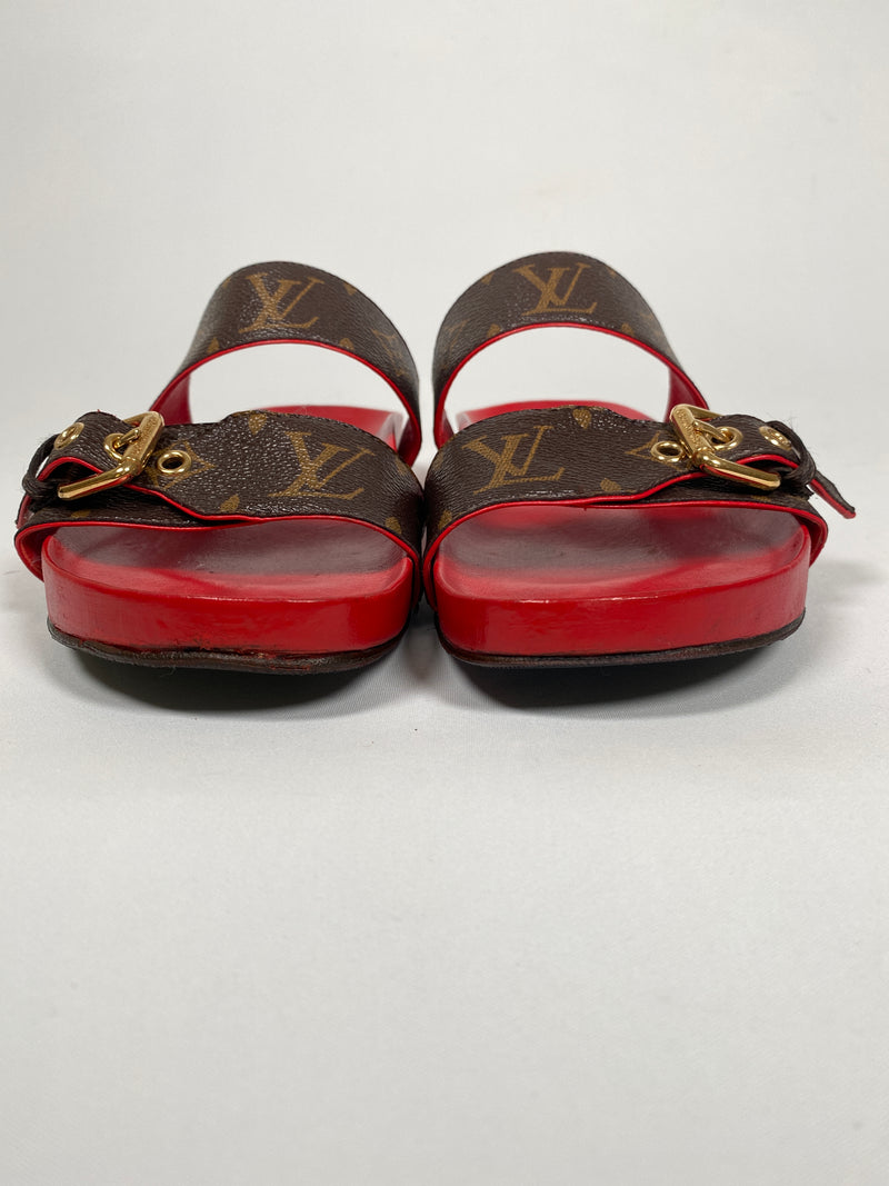 LOUIS VUITTON - BOM DIA MULES MONOGRAM & RED - SZ 38