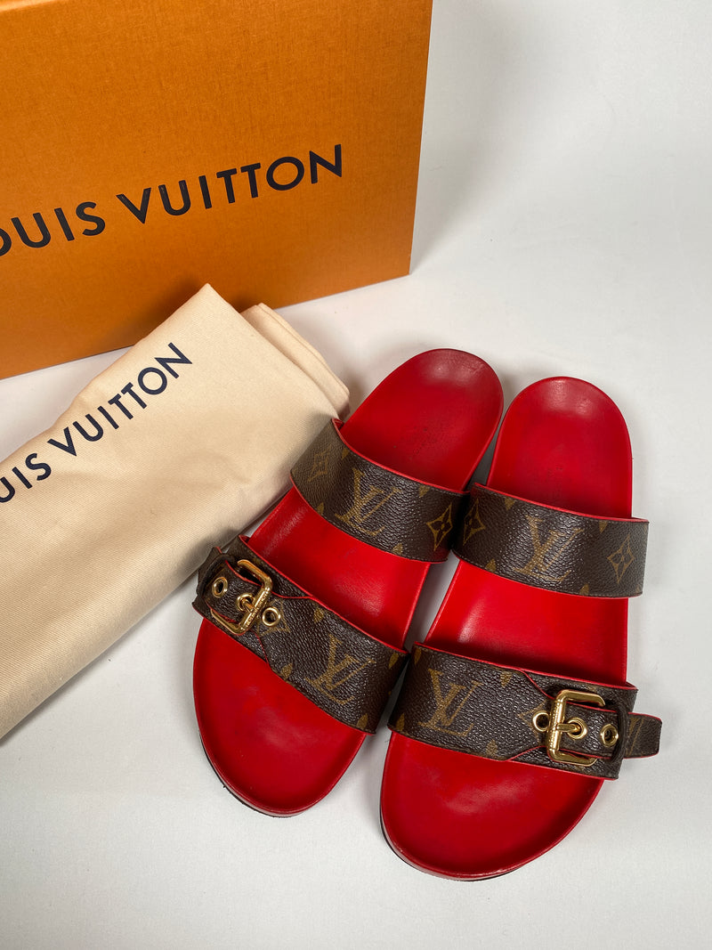 LOUIS VUITTON - BOM DIA MULES MONOGRAM & RED - SZ 38