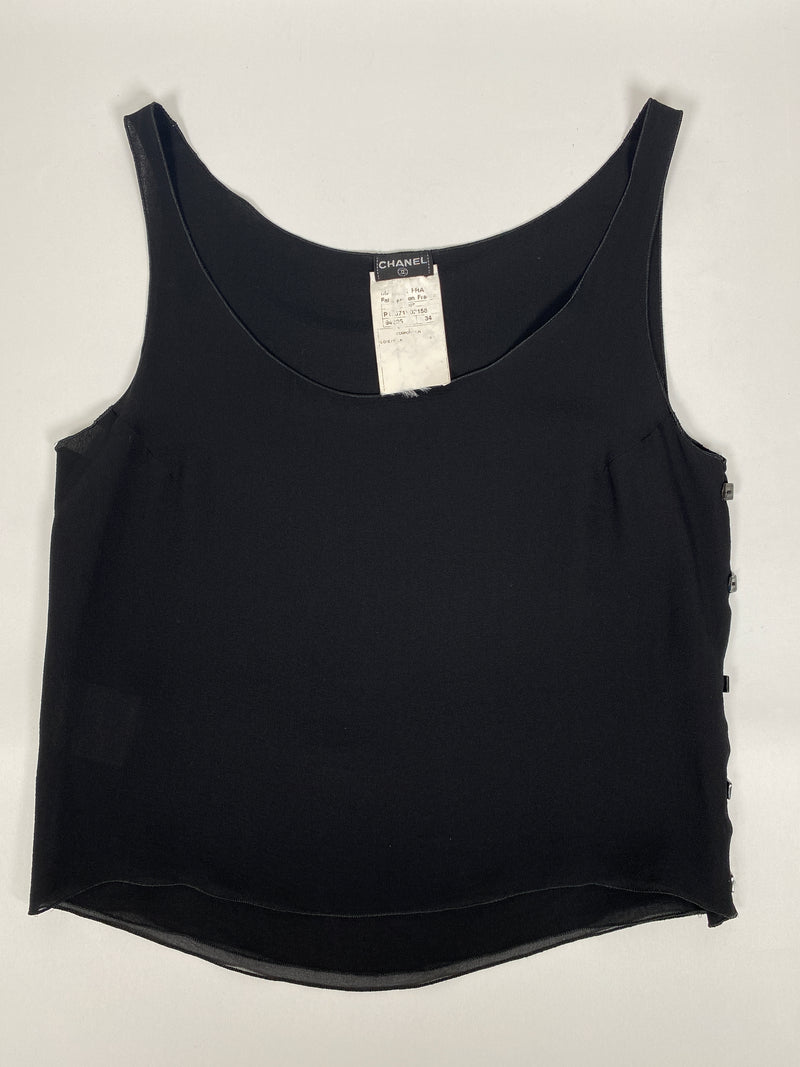 CHANEL - VINTAGE BLACK SILK BUTTONED CROPPED TANK - Sz S