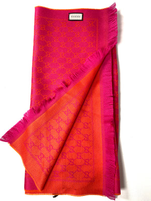 GUCCI - PINK AND ORANGE WOOL GG JACQUARD SCARF - NEW