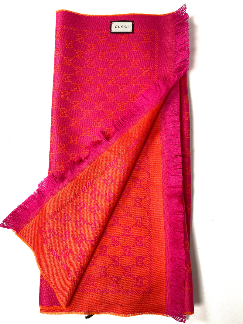 GUCCI - PINK AND ORANGE WOOL GG JACQUARD SCARF - NEW