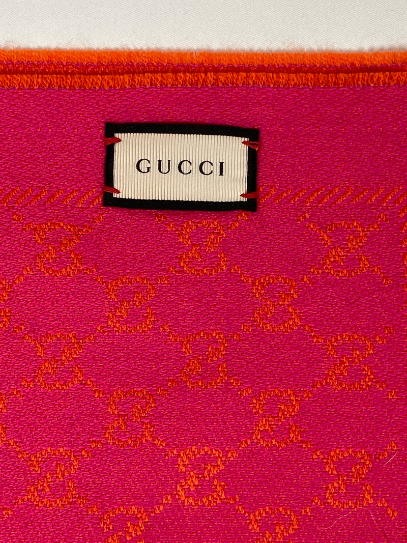 GUCCI - PINK AND ORANGE WOOL GG JACQUARD SCARF - NEW
