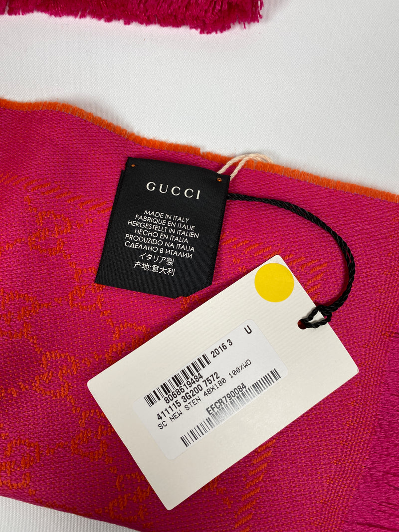 GUCCI - PINK AND ORANGE WOOL GG JACQUARD SCARF - NEW