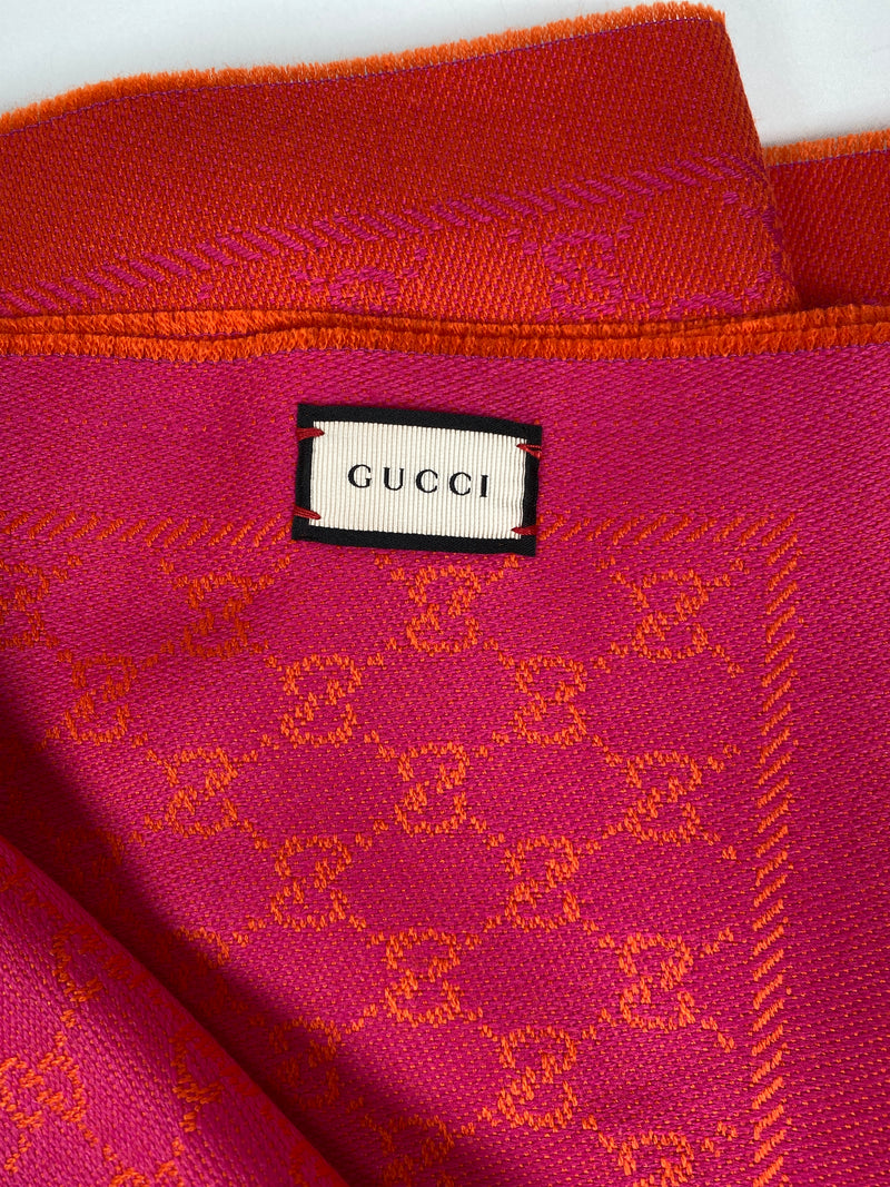 GUCCI - PINK AND ORANGE WOOL GG JACQUARD SCARF - NEW