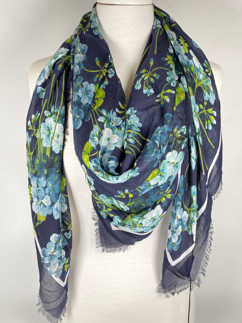 GUCCI - SILK MODAL GG BLOOMS BLUE SHAWL SCARF - NEW
