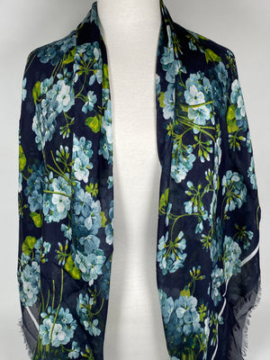 GUCCI - SILK MODAL GG BLOOMS BLUE SHAWL SCARF - NEW